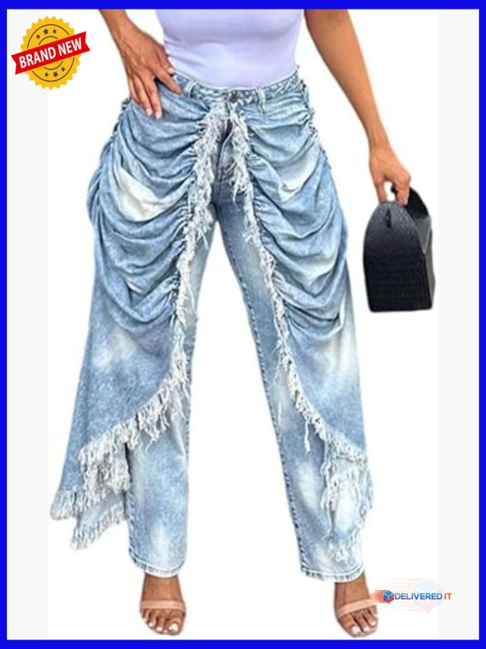 High Waisted Patchwork Jeans Baggy Wide Leg Frayed Cargo Harem Denim Pants